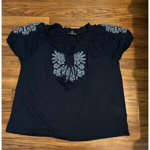 Style & Co Plus 1X Navy Peasant Top Embroidered Boho Tassel Short Sleeve Blouse